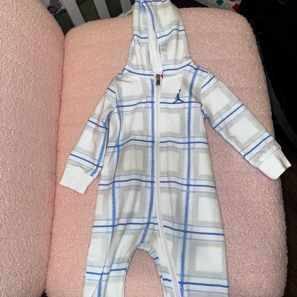 Jordan Kids Plaid Hooded One Piece - White and Blue